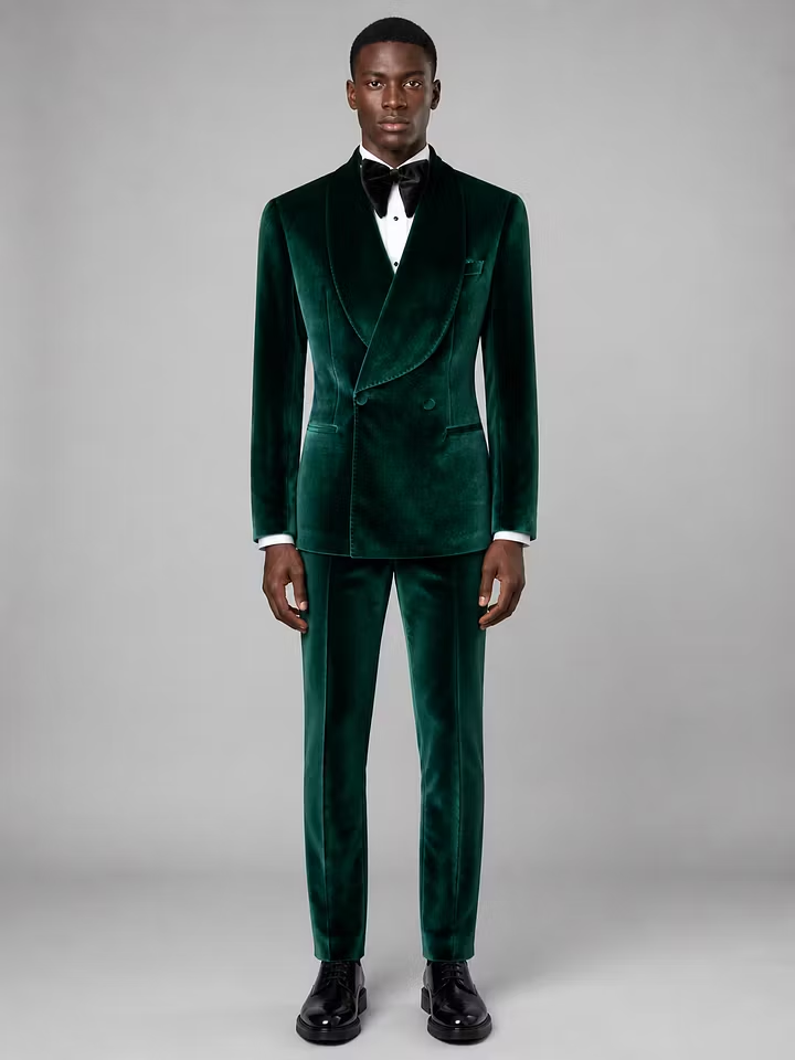 ALKIMIA STUDIO — Men Dark Green Velvet Double-Breasted Tuxedo 2-Pie