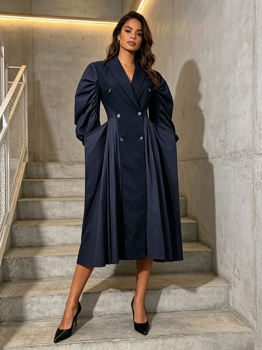 ALKIMIA STUDIO — Sculptural Puff-Sleeve Double-Breasted Long Coat