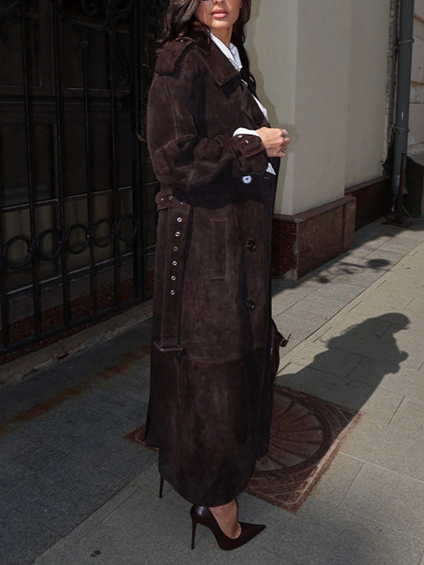 ALKIMIA STUDIO — Double-Breasted Suede Long Trench Coat With Belt